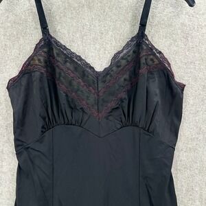 VTG Black Lace Trim Full Slip Dress Burgundy Trim Size 34 Average